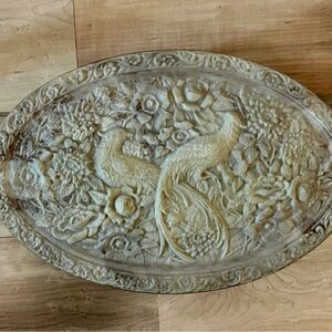 Hand carved vintage incolay stone Oval Decorative box with Bird Design 10.5 inch